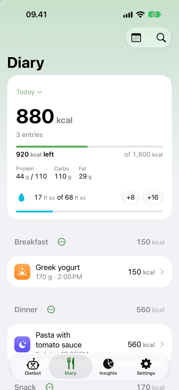 The Diary in Dietbot: 880 calories eaten today, 920 left of an 1,800 calorie target, with protein, carbs, fat and water.