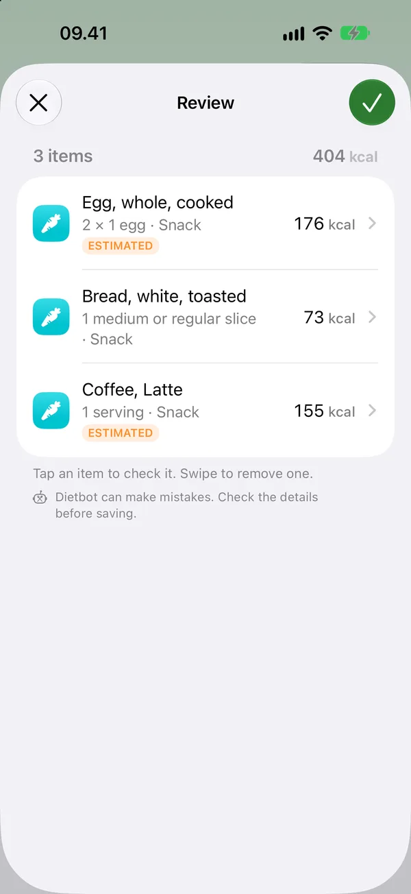 The review screen with three foods found from one sentence.