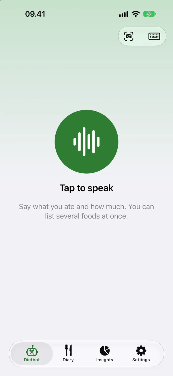 The Dietbot tab with a green Tap to speak button, Scan and Type at the top right.